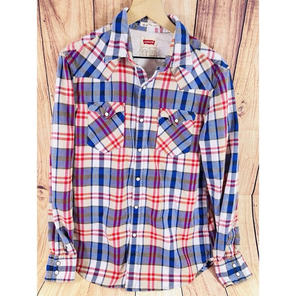 Levi's Mens Flannel Shirt Plaid Long Sleeve Pearl Snap Slim Fit PURPLE LARGE - Picture 1 of 11